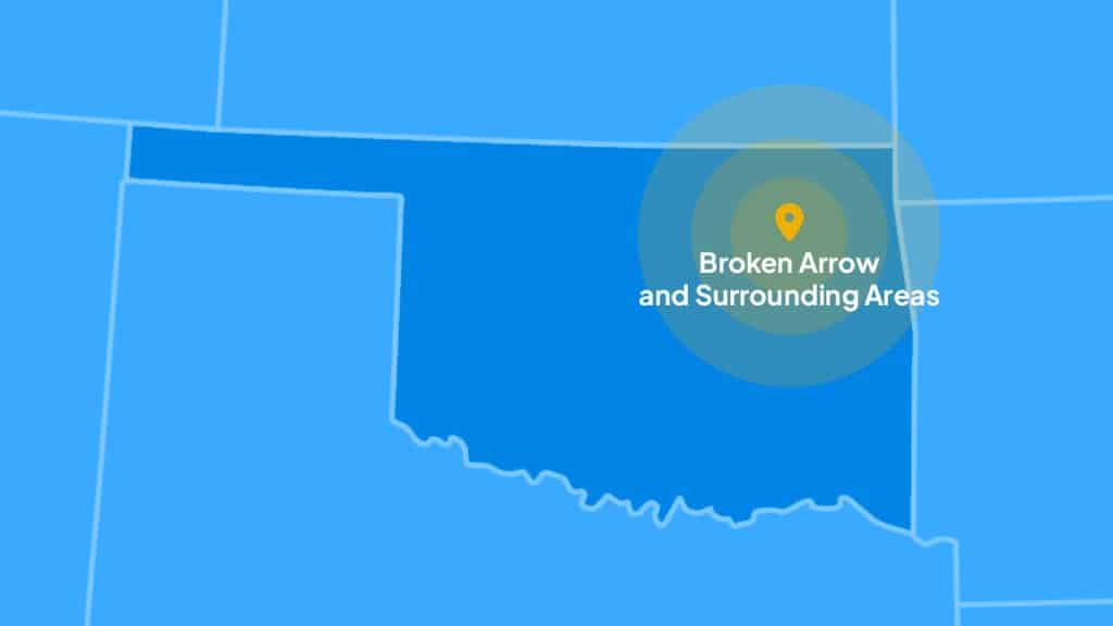 A map highlighting the state of Oklahoma with a yellow location marker on Broken Arrow and surrounding areas is shown. The marker, encircled by a yellow shaded area, indicates focus on that region. Ideal for anyone seeking an Oklahoma Pool Builder specializing in pool design and renovation in these locales.